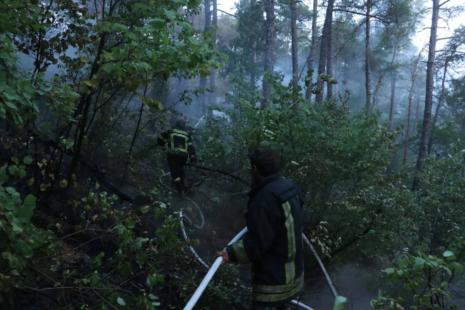 تستمر عمليات التبريد لمواقع الحرائق التي تمت السيطرة عليها في برج زاهية بريف اللاذقية (الدفاع المدني السوري)