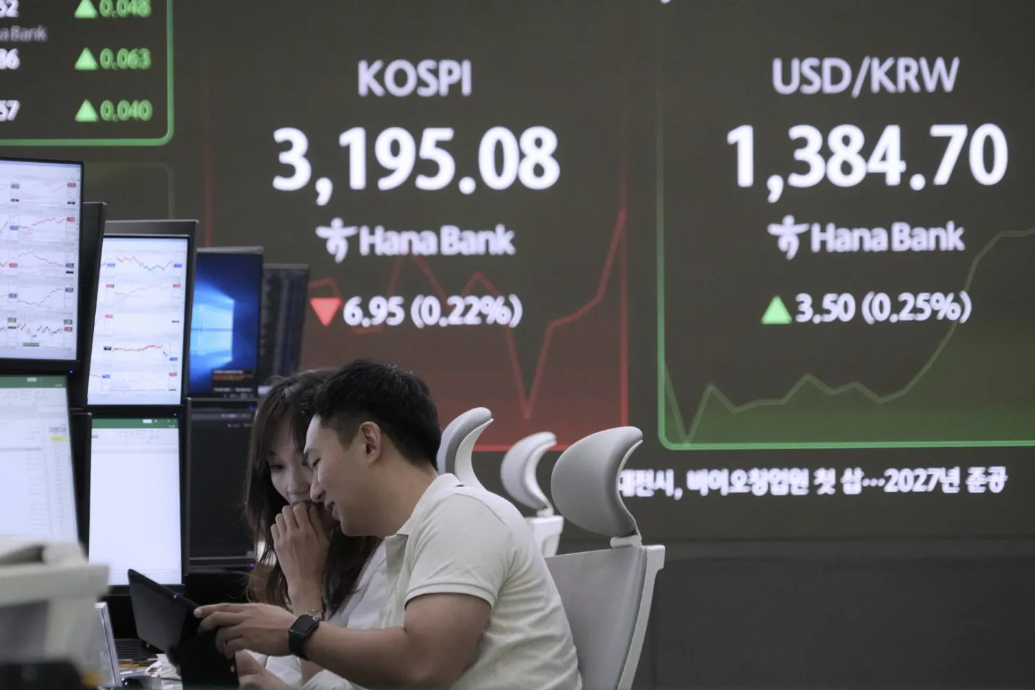 متداولو العملات يراقبون مؤشر «كوسبي» وسعر صرف الدولار مقابل الوون في بنك هانا بسيول (أ.ب)