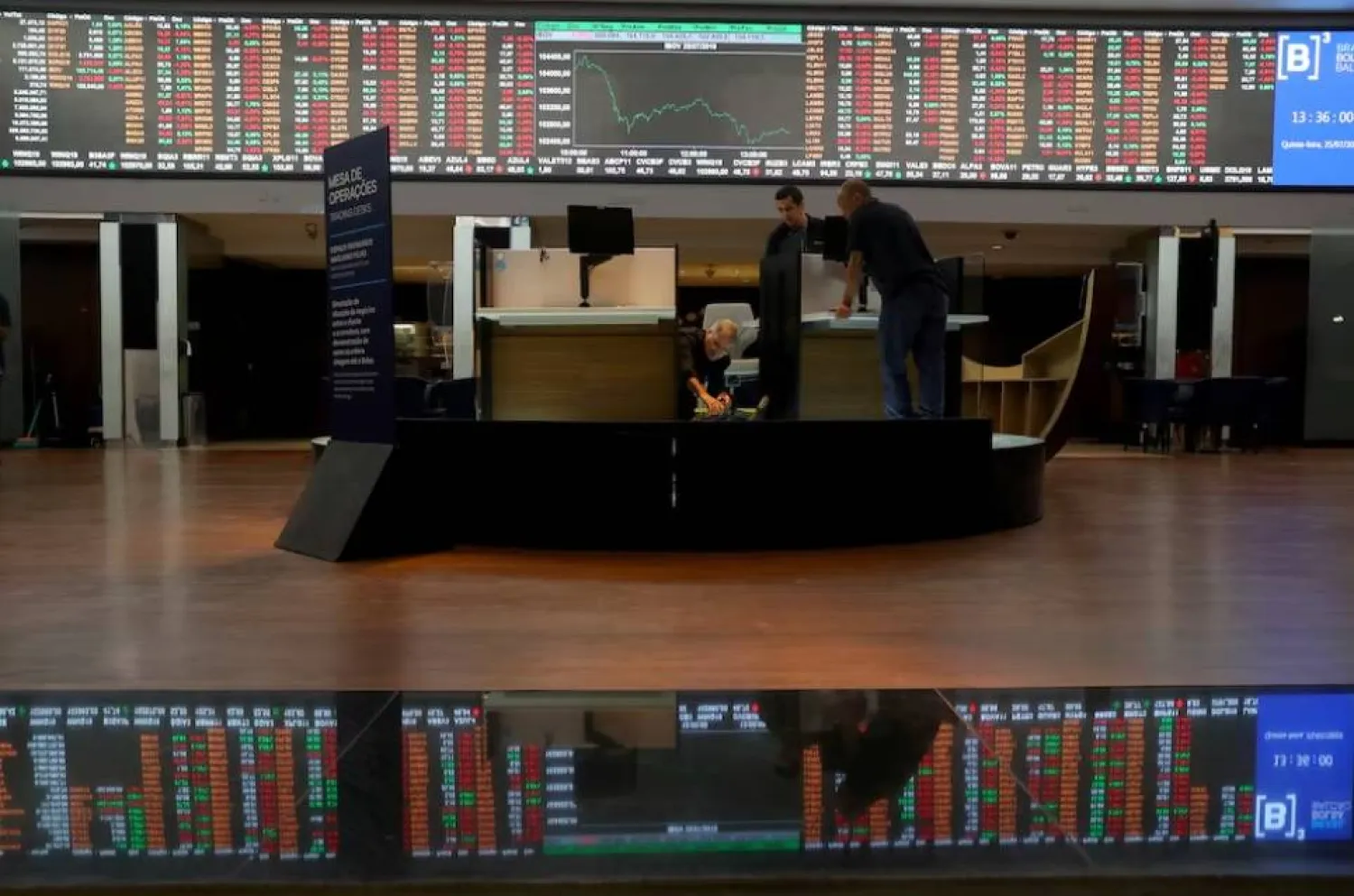 لوحة إلكترونية تعرض رسماً بيانياً لتقلبات مؤشرات السوق في بورصة «بي 3» بساو باولو في البرازيل (رويترز)