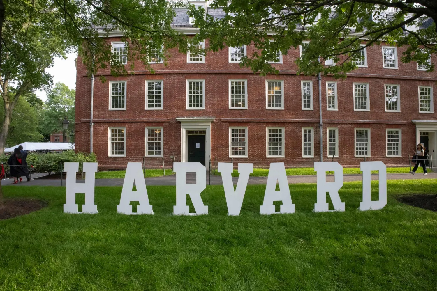 (FILES) A Harvard sign is seen at the Harvard University campus in Cambridge, Massachusetts, on May 27, 2025. (Photo by Rick Friedman / AFP)