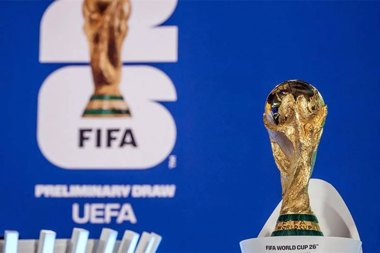 File Photo: The World Cup Trophy displayed ahead of the draw of the groups of the European qualifiers for the 2026 FIFA World Cup in Zurich, Switzerland. AFP
