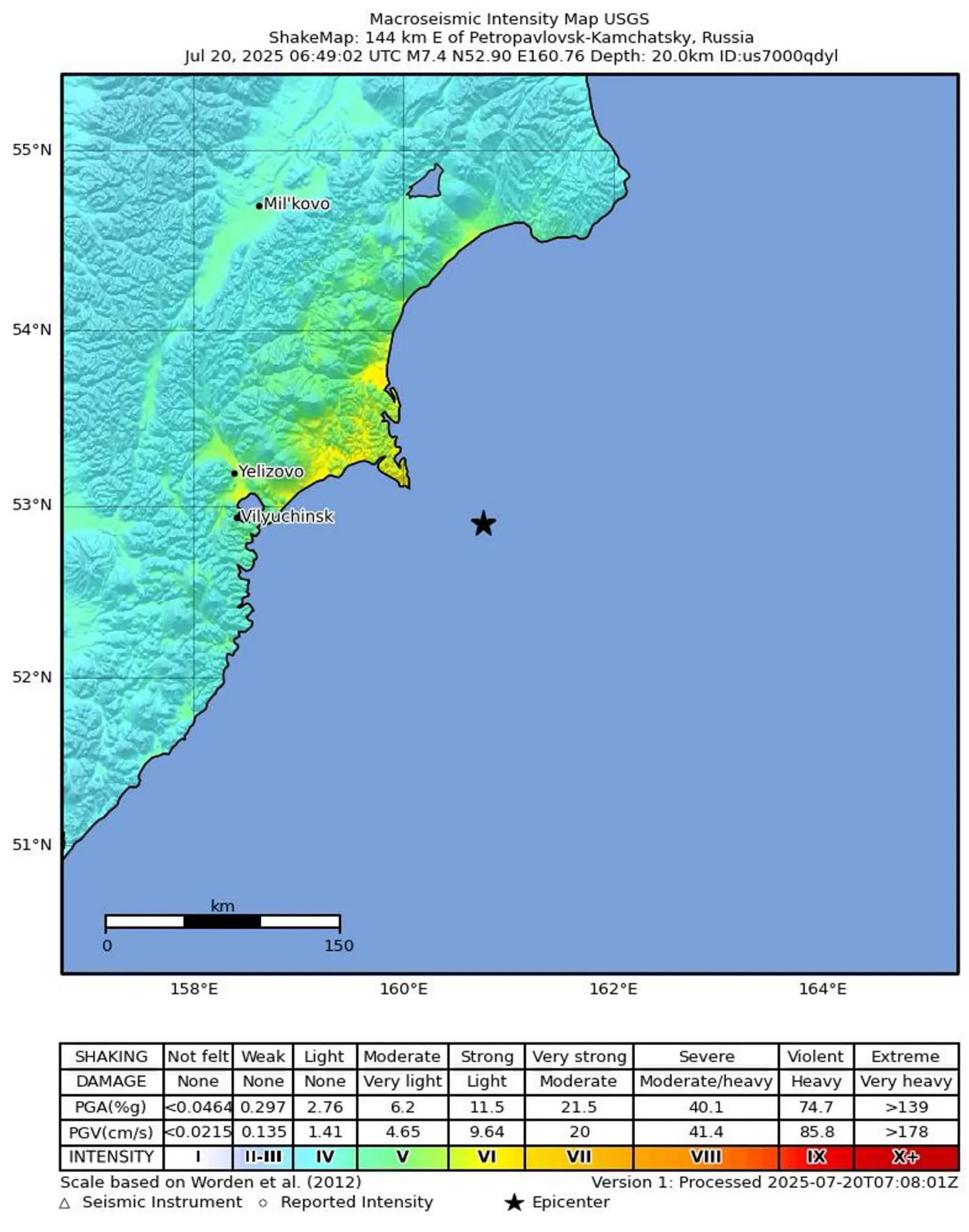 A handout shakemap made available by the United States Geological Survey (USGS) shows the location of a 7.4-magnitude earthquake hitting off Kamchatka, Russia, 20 July 2025. EPA/USGS HANDOUT 