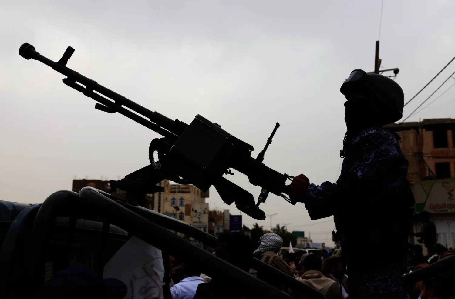 A Houthi militia member mans a machine gun on a vehicle while on patrol in Sanaa, Yemen, 20 July 2025. EPA/YAHYA ARHAB