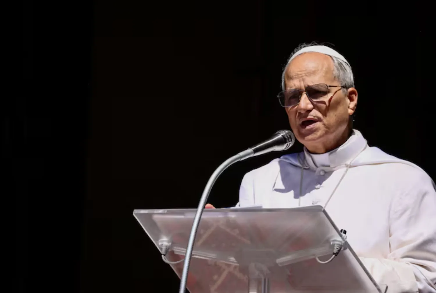 Pope Leo XIV leads the Angelus prayer in Castel Gandolfo, Italy, July 20, 2025. REUTERS/Yara Nardi 