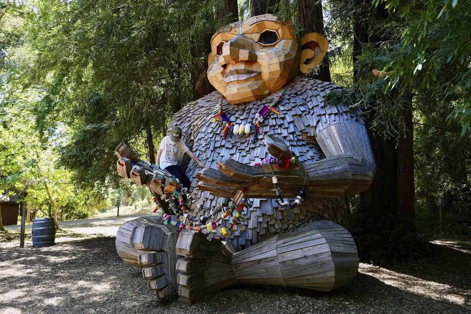 A child climbs a giant troll sculpture created by the Danish recycle artist Thomas Dambo that's part of an installation of six sculptures called "Trolls Save the Humans" on display at the historic estate Filoli, Saturday, July 5, 2025, in Woodside, Calif. (AP Photo/Terry Chea)