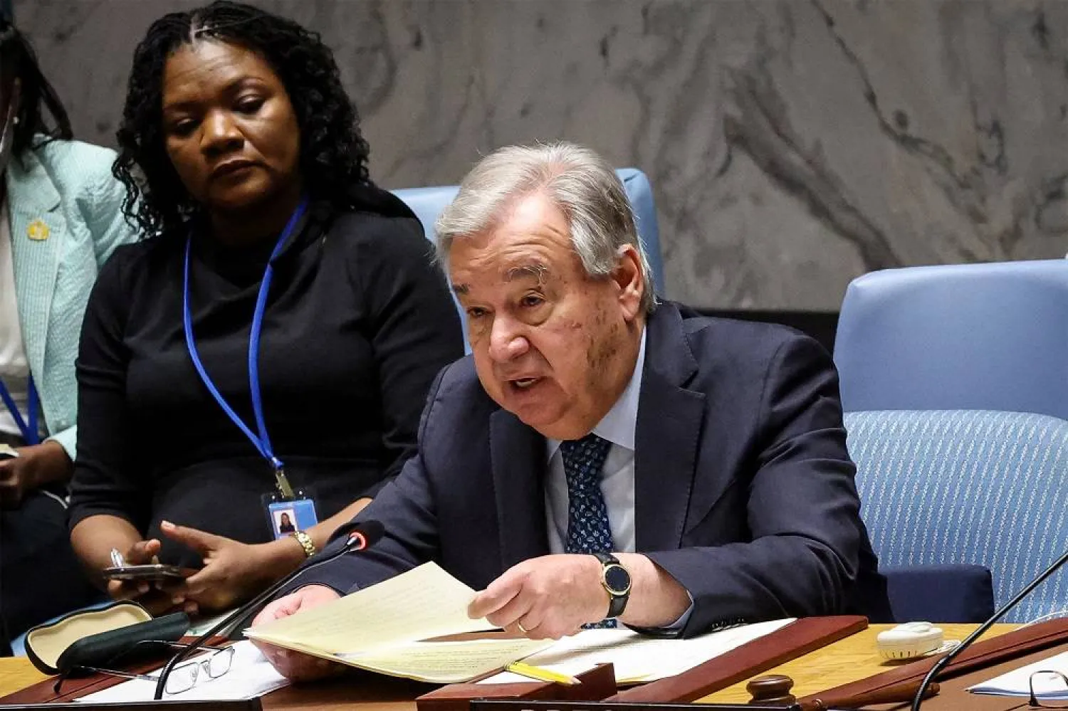 United Nations Secretary-General Antonio Guterres addresses a meeting of the United Nations Security Council on international peace and security through multilateralism, at the UN headquarters in New York City, US, July 22, 2025. (Reuters)