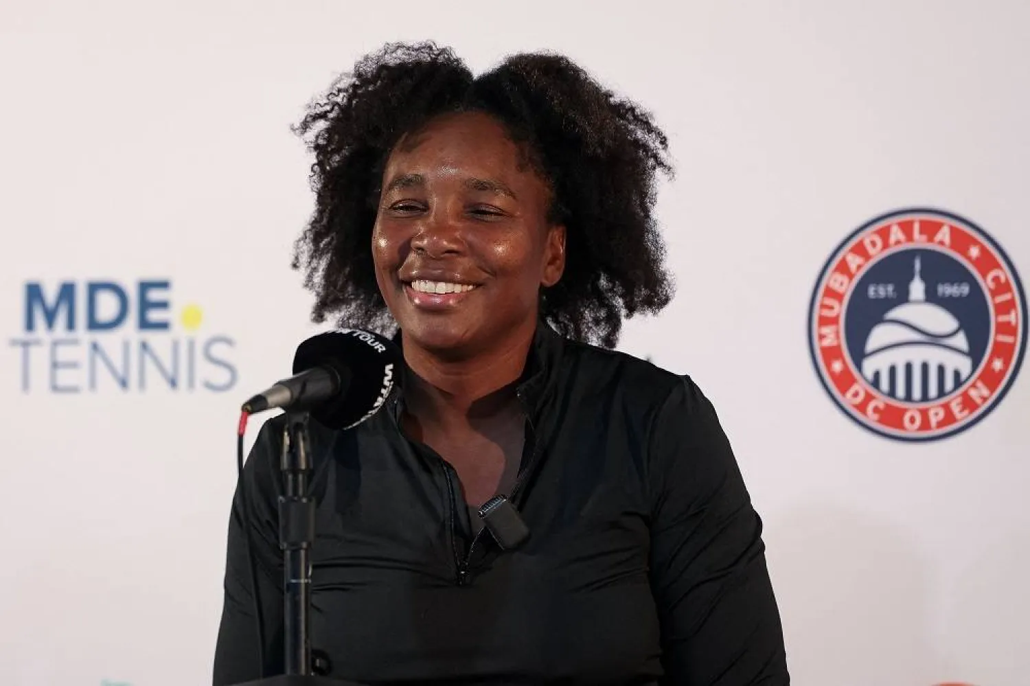 Venus Williams participates in a press conference after winning a women's single match against Peyton Stearns (not pictured) on day 2 of the Mubadala Citi DC Open 2025 at William H.G. FitzGerald Tennis Center on July 22, 2025 in Washington, DC. (Getty Images/AFP)