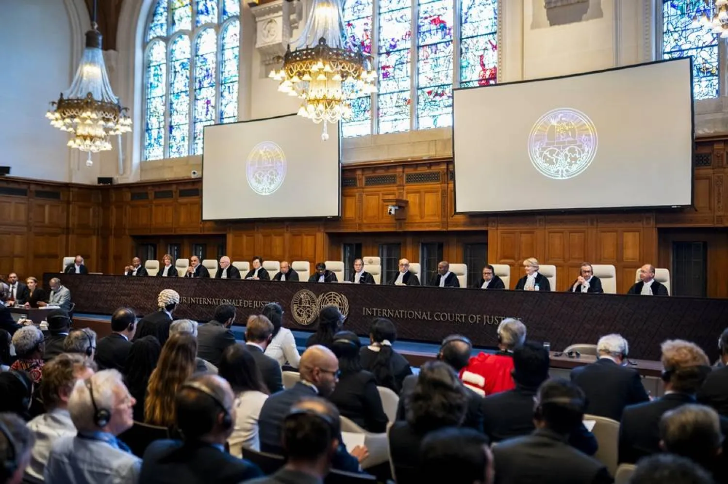 Judges of the International Court of Justice rule of an advisory opinion on countries' obligations to protect the climate, in The Hague, The Netherlands, 23 July 2025. (EPA)