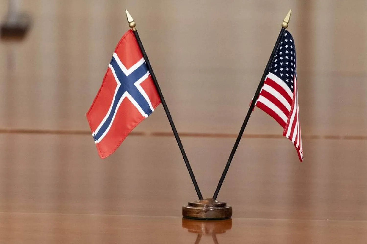 The Norway, left, and US flags are seen on the table at the Pentagon, on Sept. 20, 2022, in Washington. (AP)