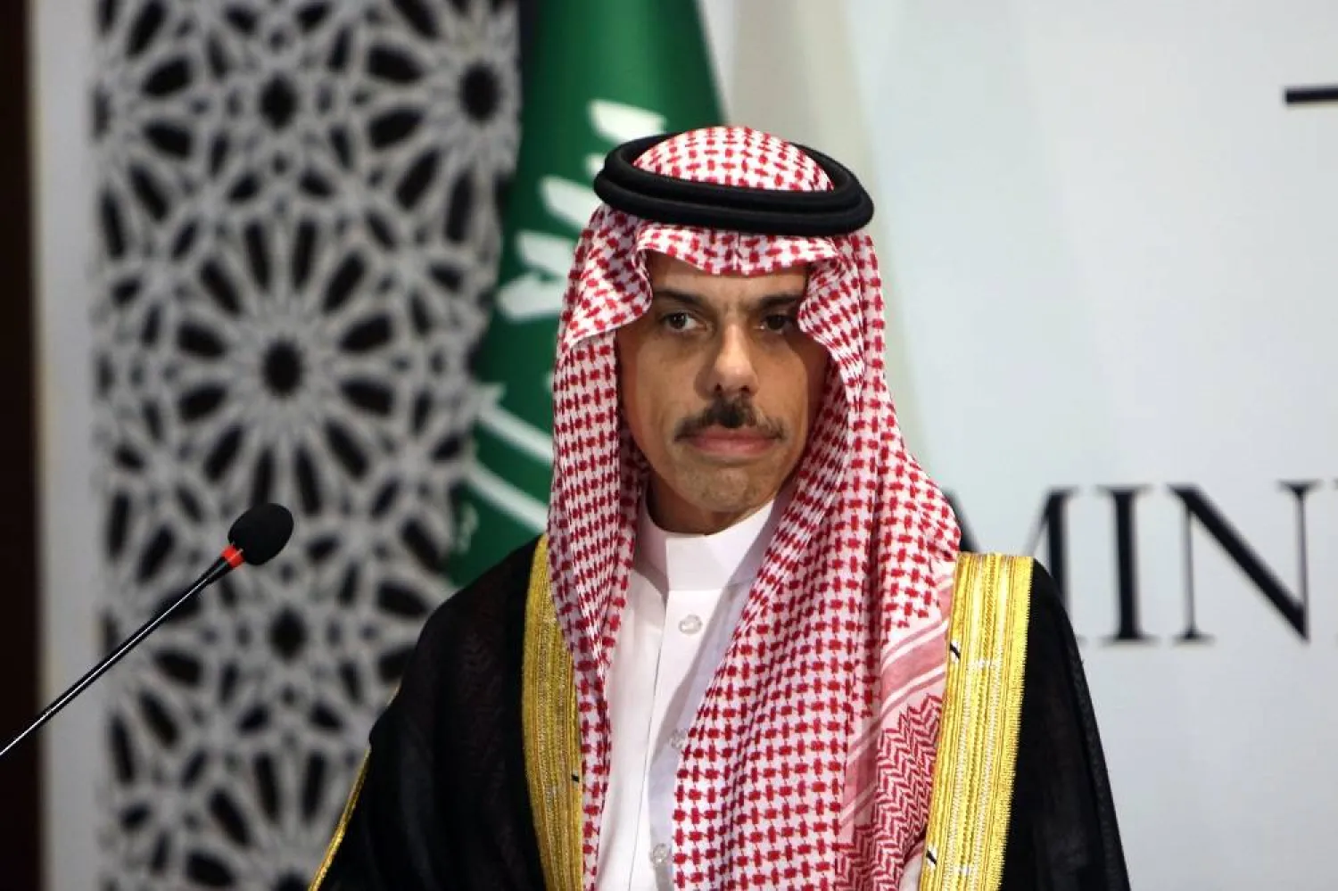 Saudi Minister of Foreign Affairs Prince Faisal bin Farhan bin Abdullah talks to journalists during a joint press conference with his Pakistani counterpart at the foreign ministry in Islamabad, Pakistan, 16 April 2024. (EPA)
