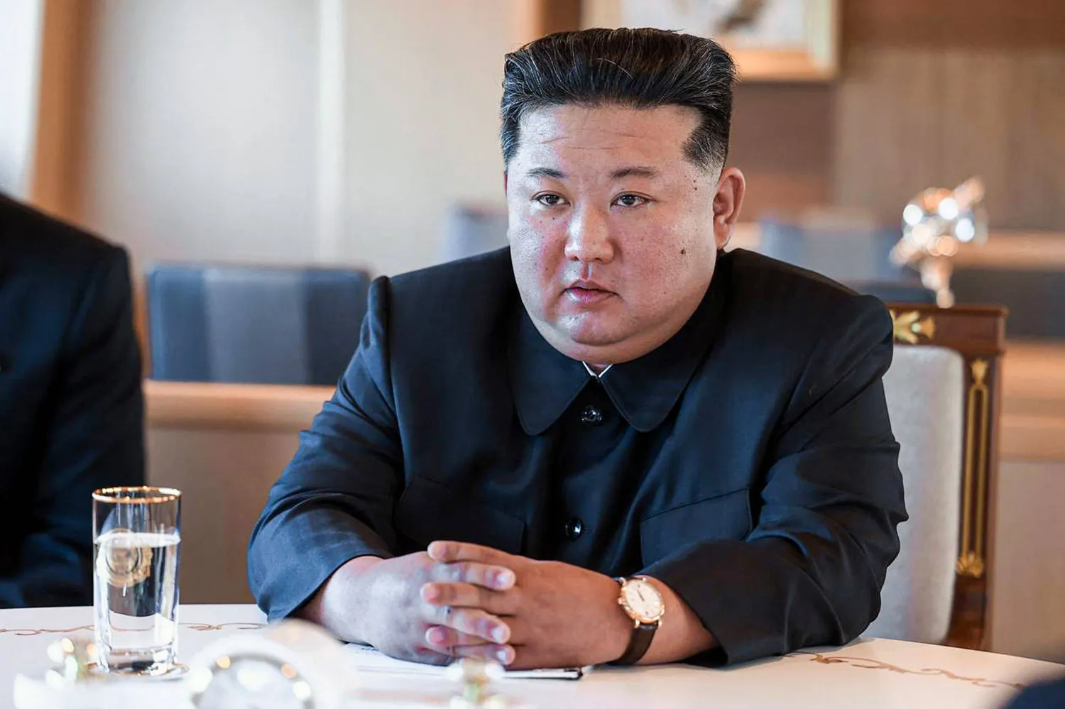 This handout photograph taken and released by the Russian Foreign Ministry on July 12, 2025, shows North Korean leader Kim Jong Un as he attends a meeting with Russia's Foreign Minister in Wonsan.  (Photo by RUSSIAN FOREIGN MINISTRY / HANDOUT / AFP)  