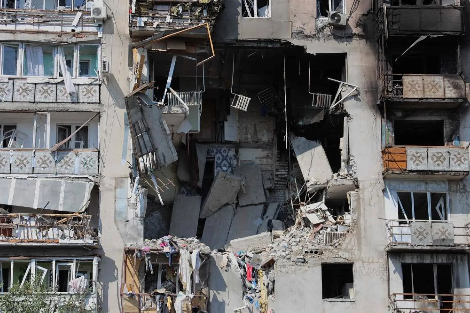 This photograph taken on July 24, 2025 shows a damaged residential building following a drone attack in Odesa, amid the Russian invasion in Ukraine. (AFP)