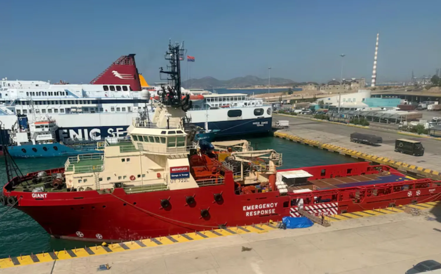 Salvage vessel "Giant" is moored at the port of Piraeus, before sailing to the Red Sea to assist in maritime accidents and global shipping and protect seafarers, following the Houthi attacks revival, in Piraeus, Greece, July 24, 2025. Greek Shipping Ministry/Handout via REUTERS 