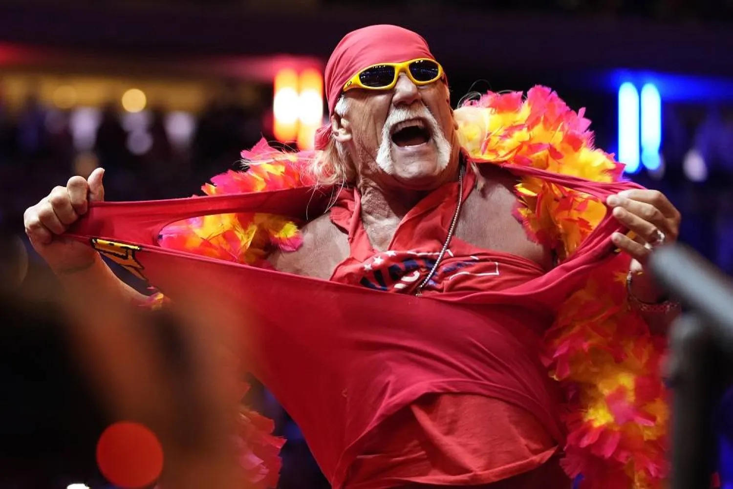 Hulk Hogan rips his shirt before Republican presidential nominee former President Donald Trump speaks at a campaign rally at Madison Square Garden, Oct. 27, 2024, in New York. (AP)