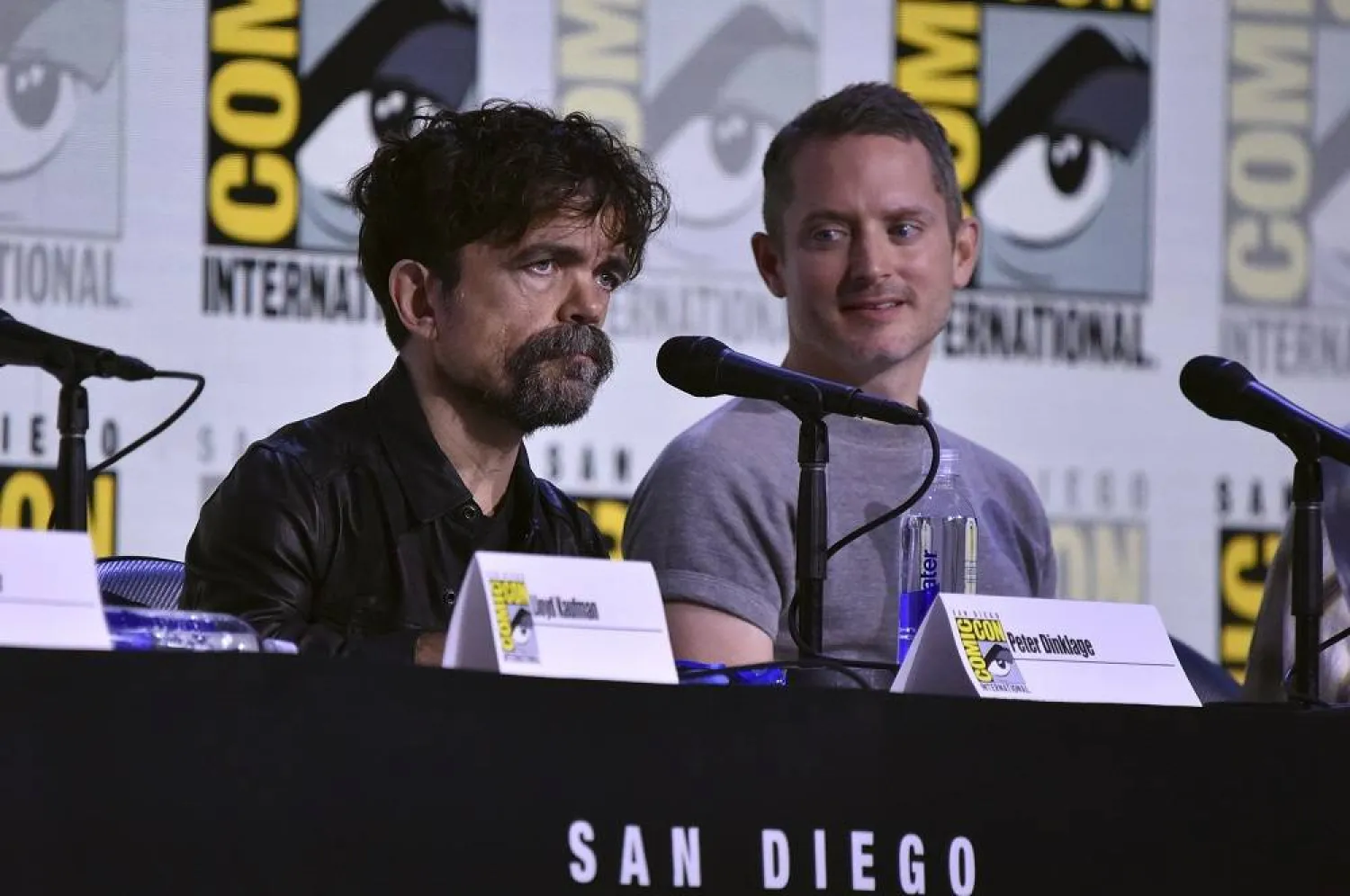 Peter Dinklage, left, and Elijah Wood attend a panel for "The Toxic Avenger" during Comic-Con International on Thursday, July 24, 2025, in San Diego. (Photo by Richard Shotwell/Invision/AP)