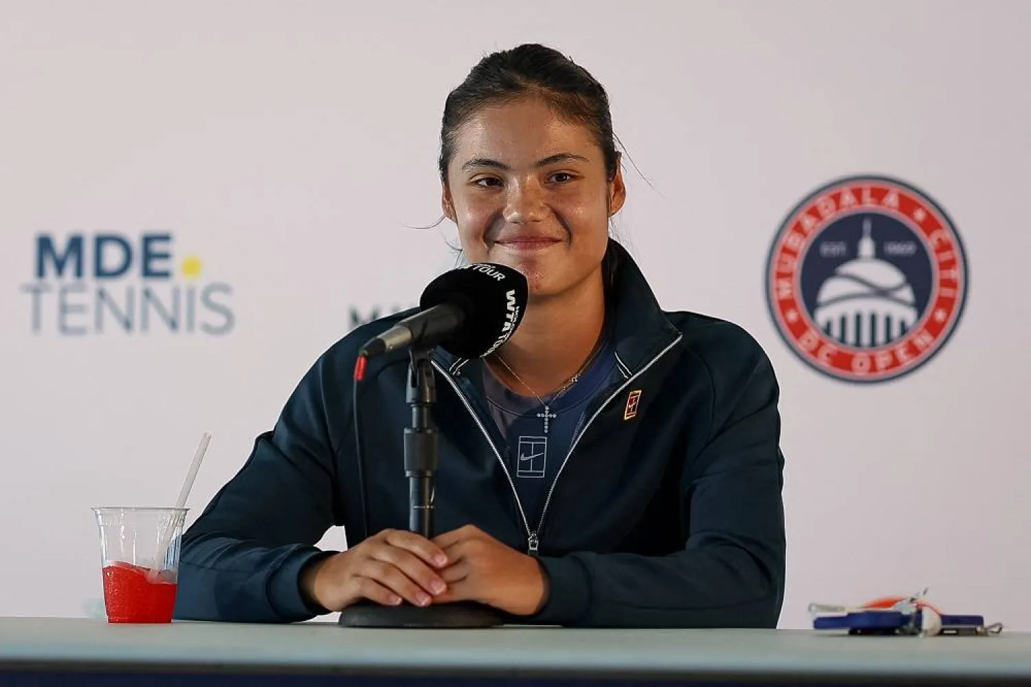 Emma Raducanu of the United Kingdom participates in a press conference after winning a women's singles match against Naomi Osaka of Japan during on day 4 of the Mubadala Citi DC Open 2025 at William H.G. FitzGerald Tennis Center on July 24, 2025 in Washington, DC. (Getty Images/AFP)