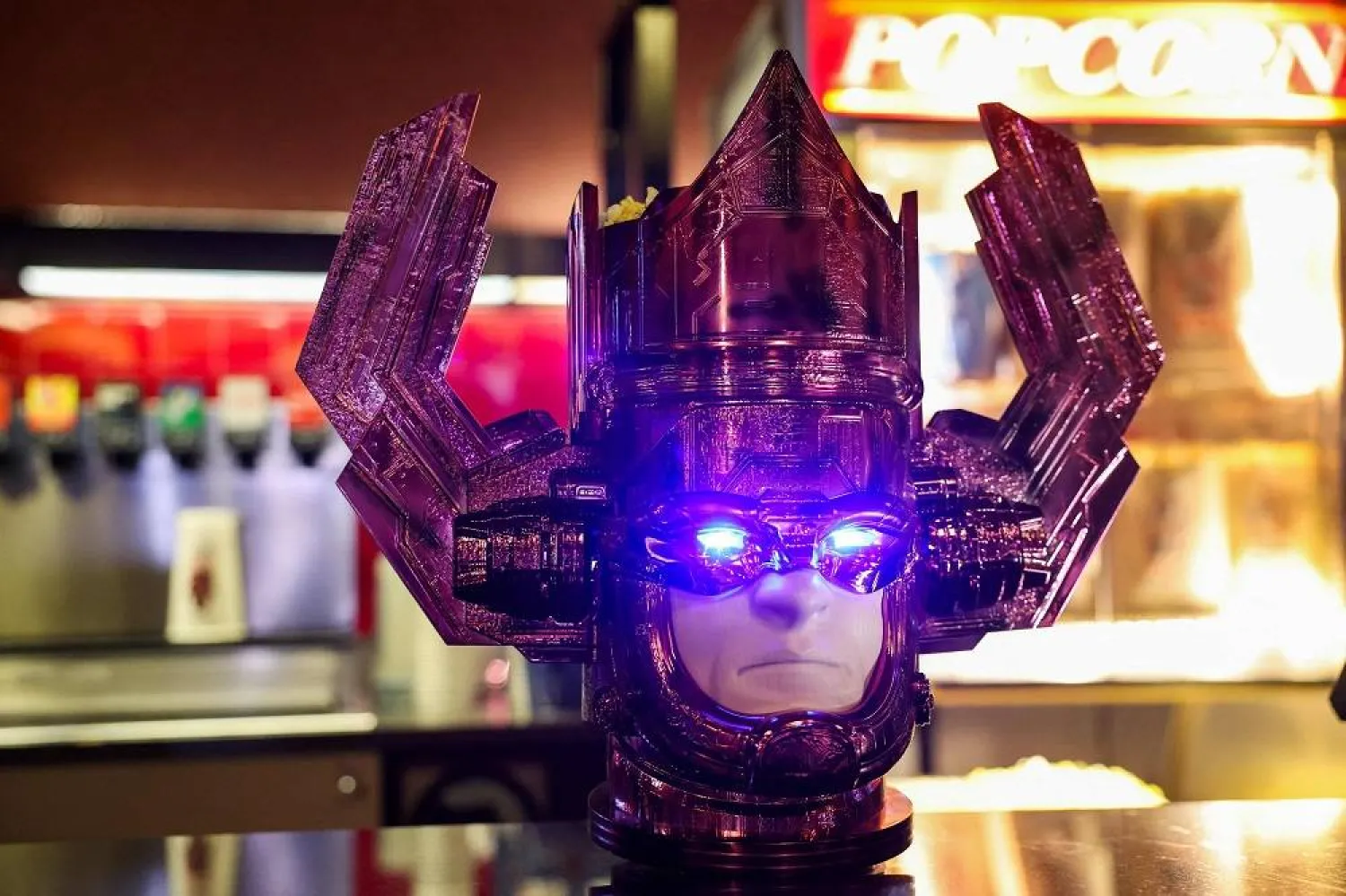 A Marvel’s Fantastic Four Galactus Popcorn Bucket is displayed during a showing of "Fantastic Four: First Steps" movie at the TCL Chinese Theatre in Hollywood, California, on July 24, 2025. (AFP)