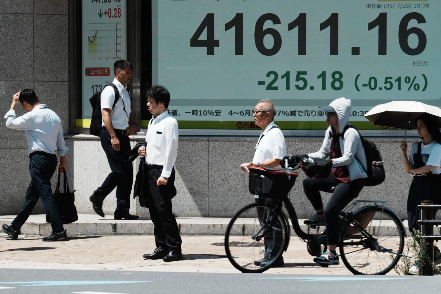 مشاة في أحد شوارع العاصمة اليابانية طوكيو يمرون أمام لوحة إلكترونية تظهر حركة الأسهم في البورصة (أ.ب)