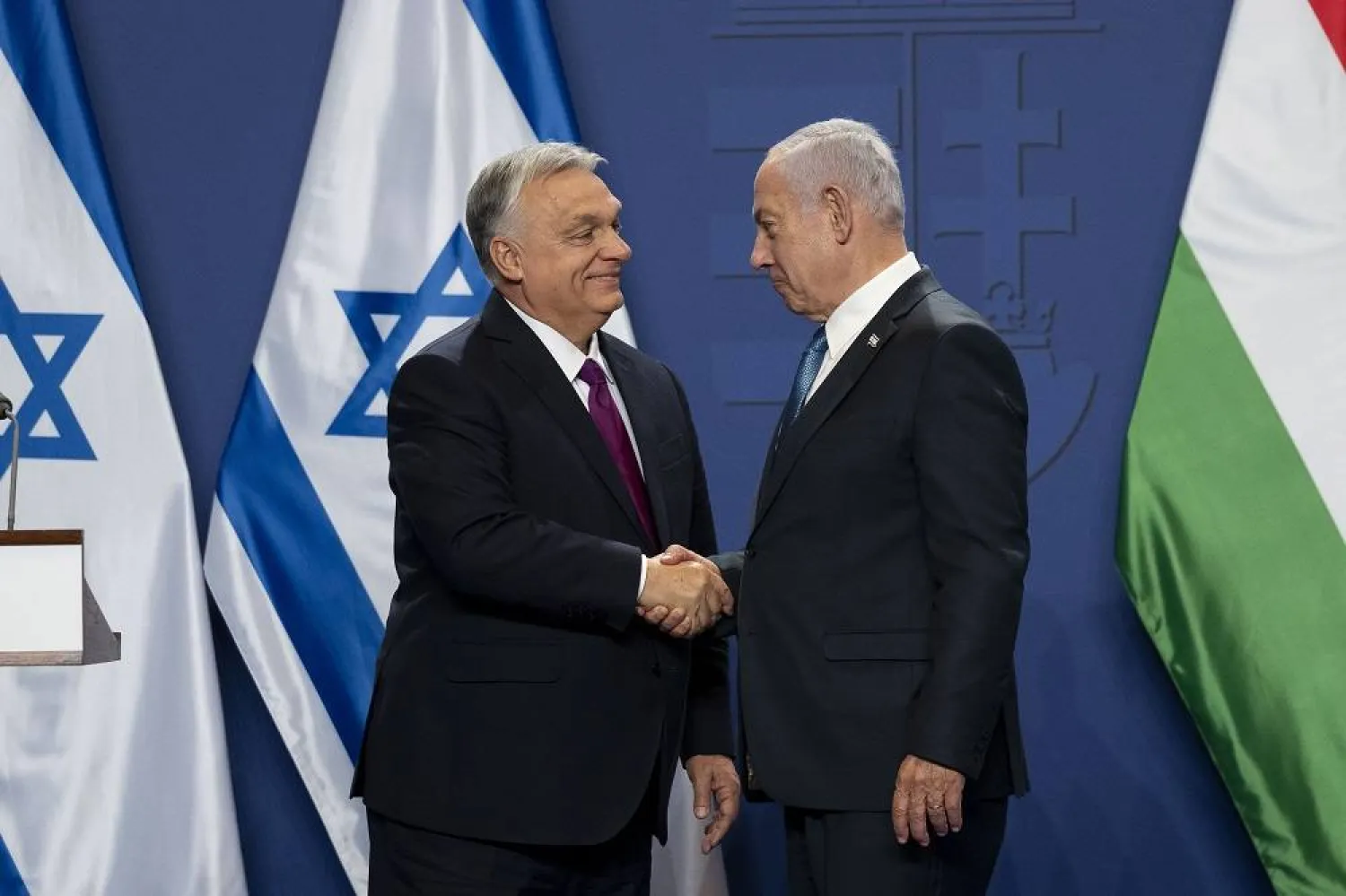 Hungarian Prime Minister Viktor Orbán, left, and Israeli Prime Minister Benjamin Netanyahu, right, shake hands after a press statement at the Carmelite Monastery in the Buda Castle in Budapest, Hungary, April 3, 2025. (AP) 