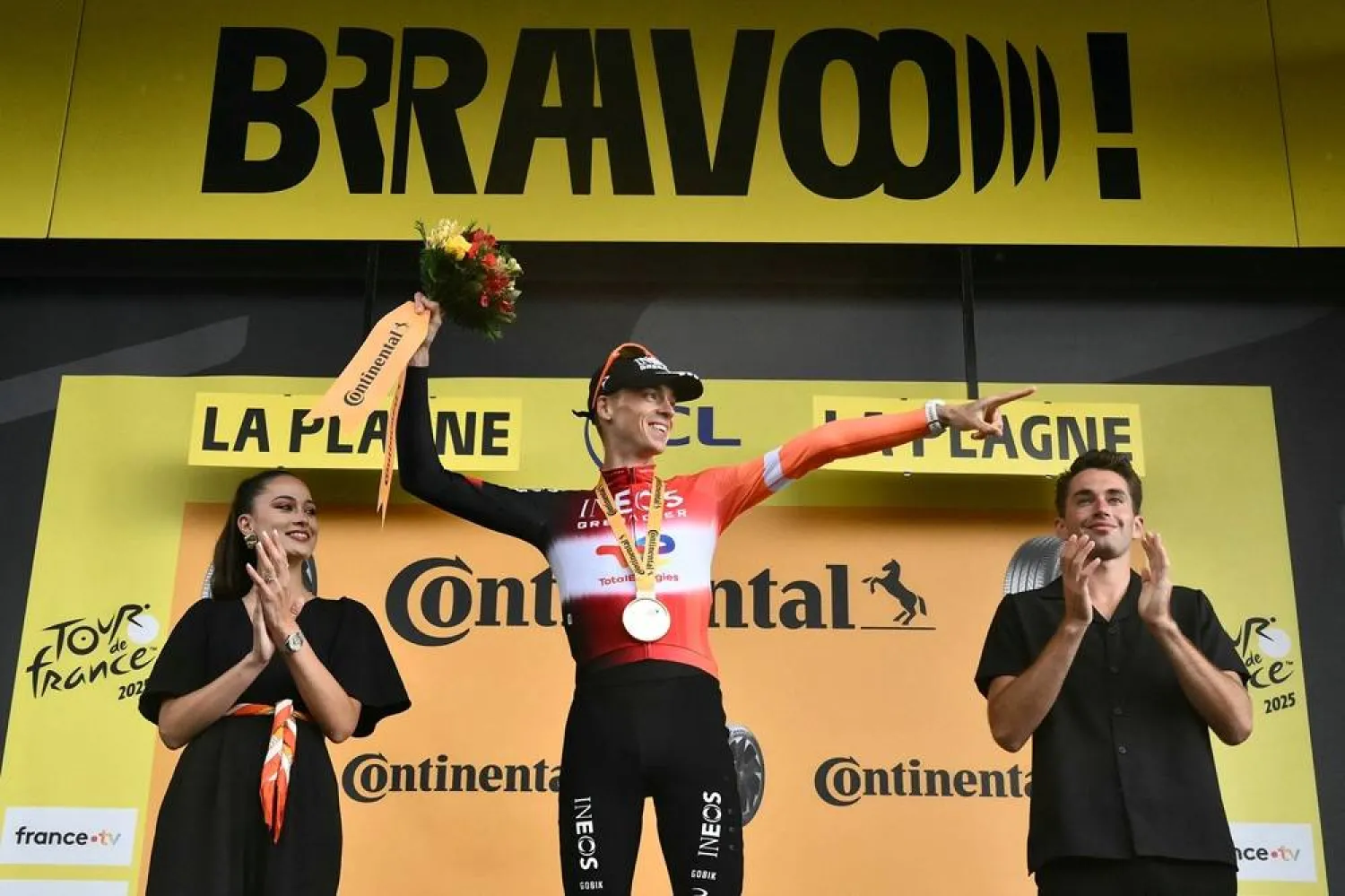 INEOS Grenadiers team's Dutch rider Thymen Arensman celebrates on the podium after winning the 19th stage of the 112th edition of the Tour de France cycling race, 93.1 km between Albertville and La Plagne, in the French Alps, on July 25, 2025. (AFP)