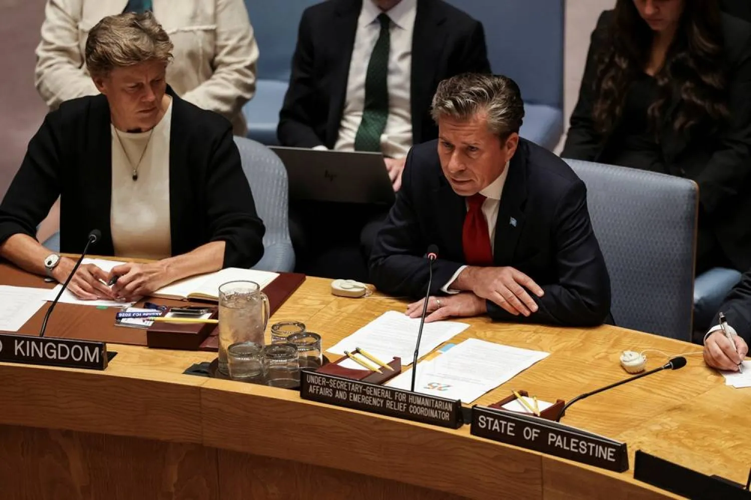  Under-Secretary-General for Humanitarian Affairs and Emergency Relief Coordinator Tom Fletcher speaks to delegates about the situation in Gaza during a United Nations Security Council meeting at UN headquarters, in New York City, US, July 16, 2025. (Reuters)