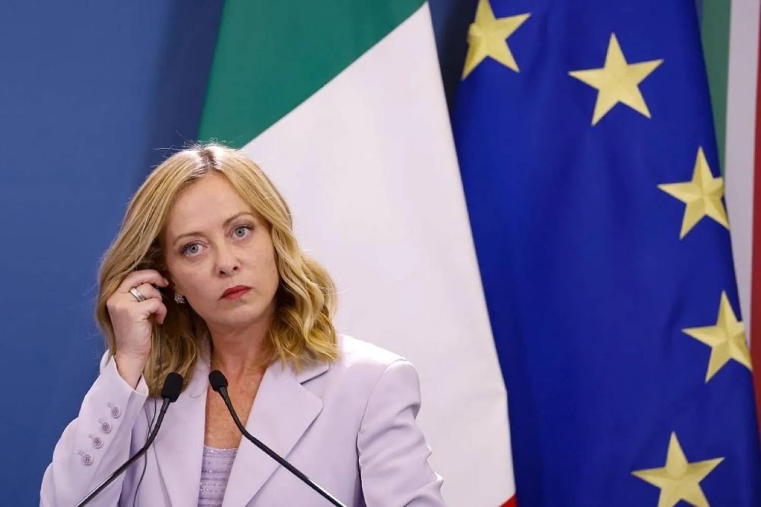 Italian Prime Minister Giorgia Meloni attends a press conference with the Algerian president at the end of an Italy-Algeria intergovernmental summit in Rome, Italy, 23 July 2025. (EPA)