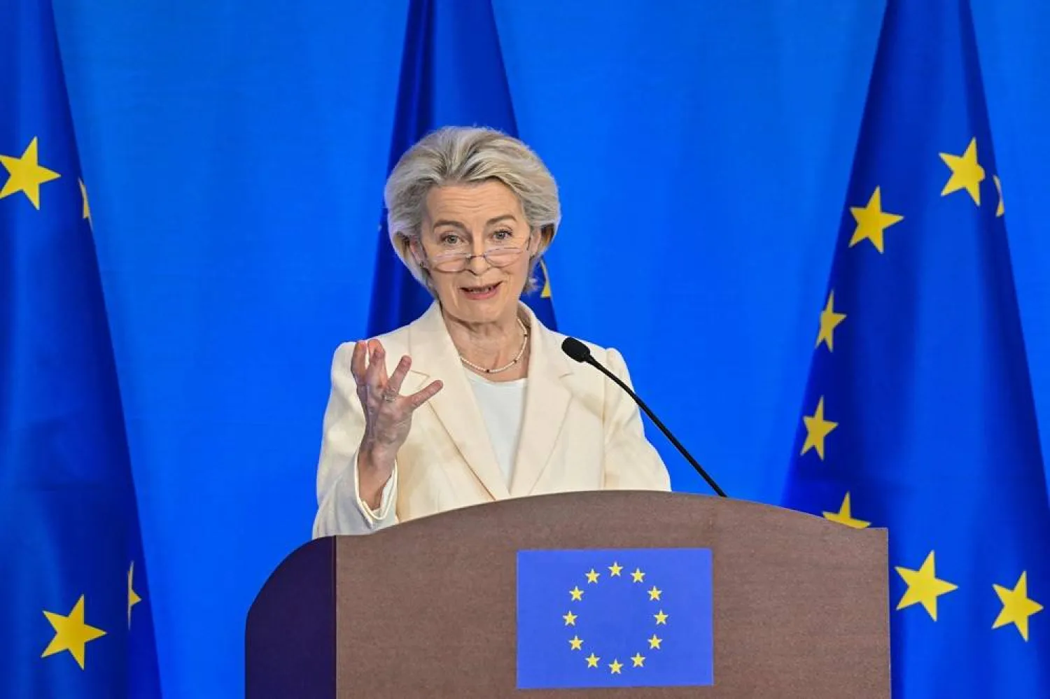  President of the European Commission Ursula von der Leyen speaks during a joint press conference with President of European Council Antonio Costa after the 25th EU-China summit in Beijing on July 24, 2025. (AFP) 