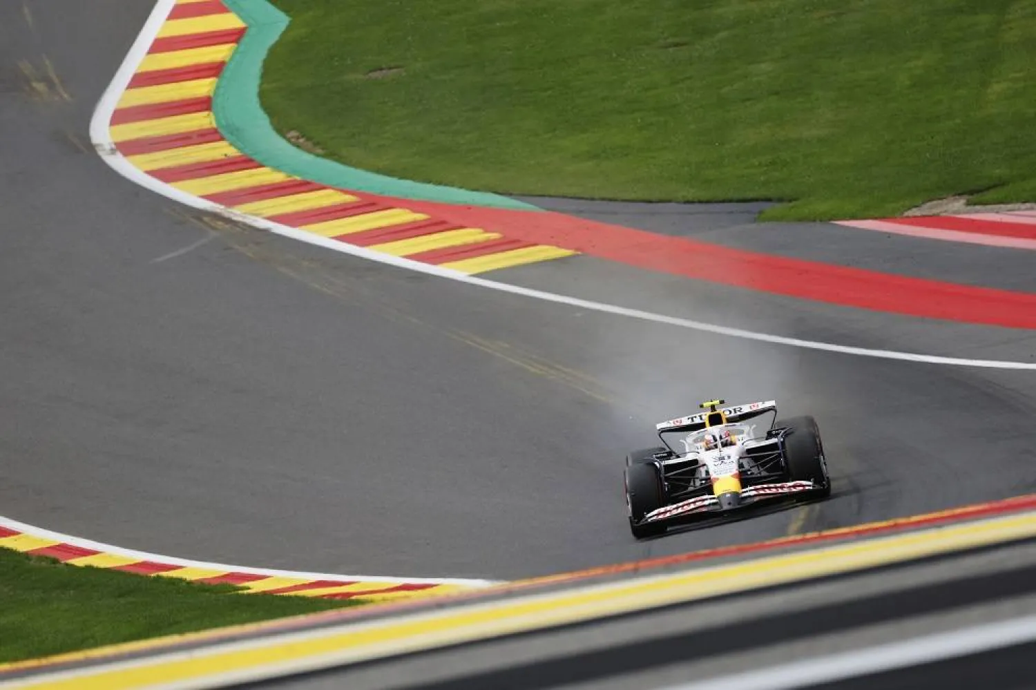 Team RB driver Liam Lawson of New Zealand steers his car during qualification ahead of the Formula One Grand Prix at the Spa-Francorchamps racetrack in Spa, Belgium, Saturday, July 26, 2025. (AP)