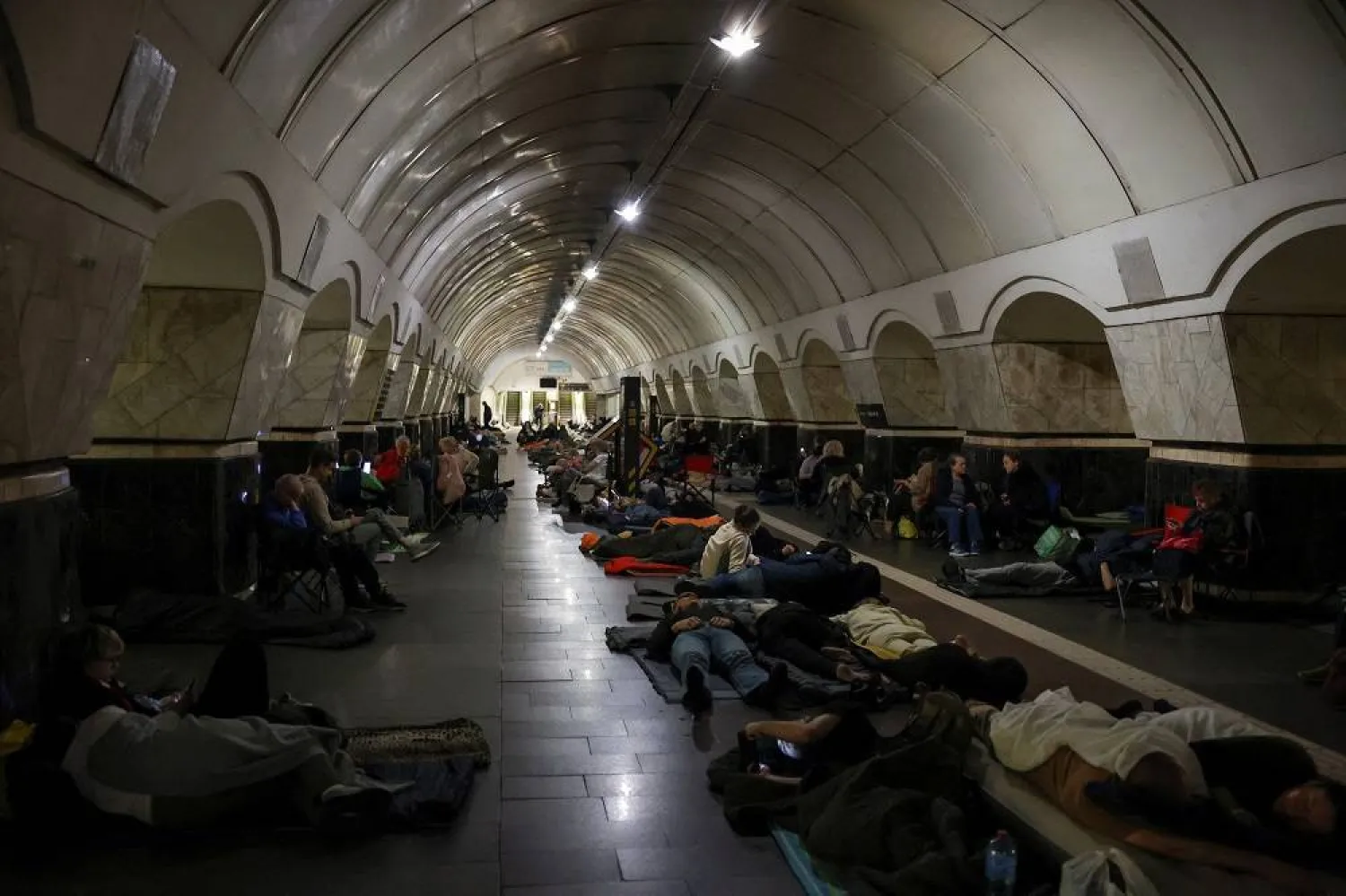 People take shelter inside a metro station during a Russian drone strike, amid Russia's attack on Ukraine, in Kyiv, Ukraine, July 28, 2025. (Reuters)