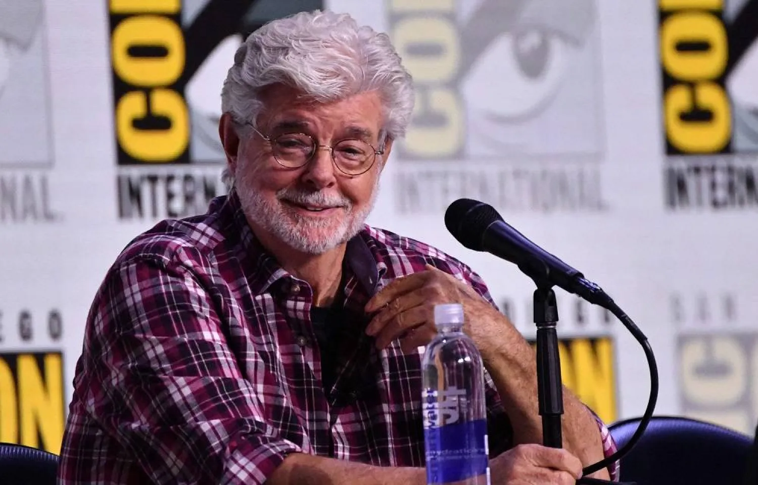 US filmmaker George Lucas speaks during the Sneak Peek of the Lucas Museum of Narrative Art panel in Hall H of the convention center during Comic-Con International in San Diego, California on July 27, 2025. (AFP)