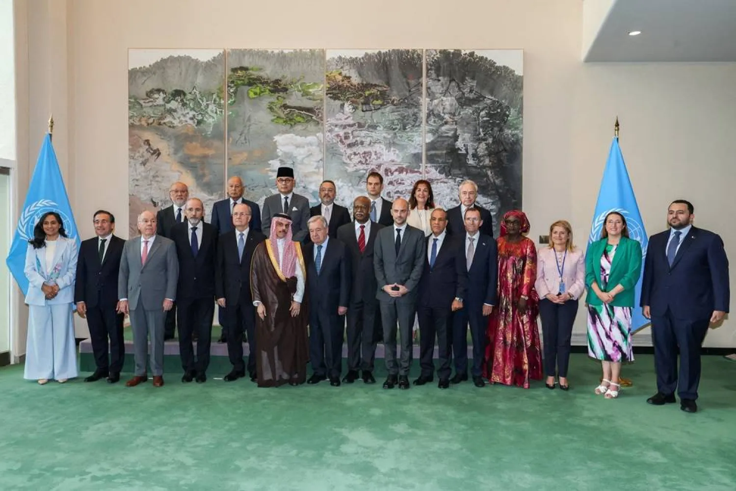 United Nations leaders and co-chairs of a high-level international conference, hosted by France and Saudi Arabia to work towards a two-state solution between Israel and the Palestinians, pose for a family photo at UN headquarters in New York City, US, July 28, 2025. (Reuters) 