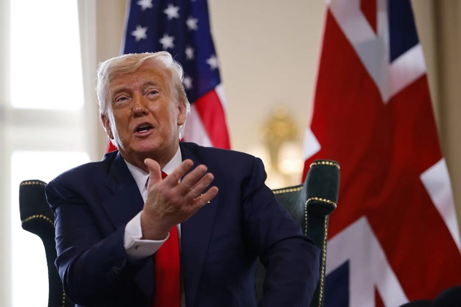 US President Donald J. Trump gestures during a meeting with the British prime minister at the Trump Turnberry golf resort in Turnberry, Scotland, Britain, 28 July 2025. (EPA)