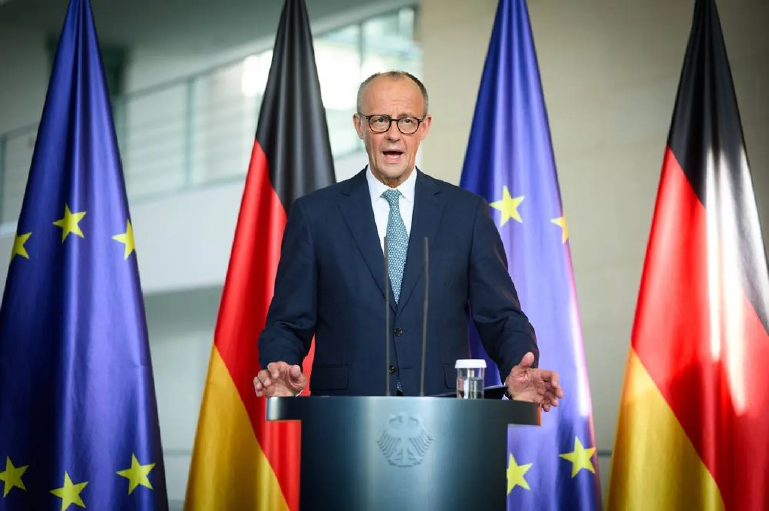  28 July 2025, Berlin: German Chancellor Friedrich Merz speaks at a press conference at the Federal Chancellery, after the Security Cabinet meeting on the conflicts in the Middle East. (dpa)