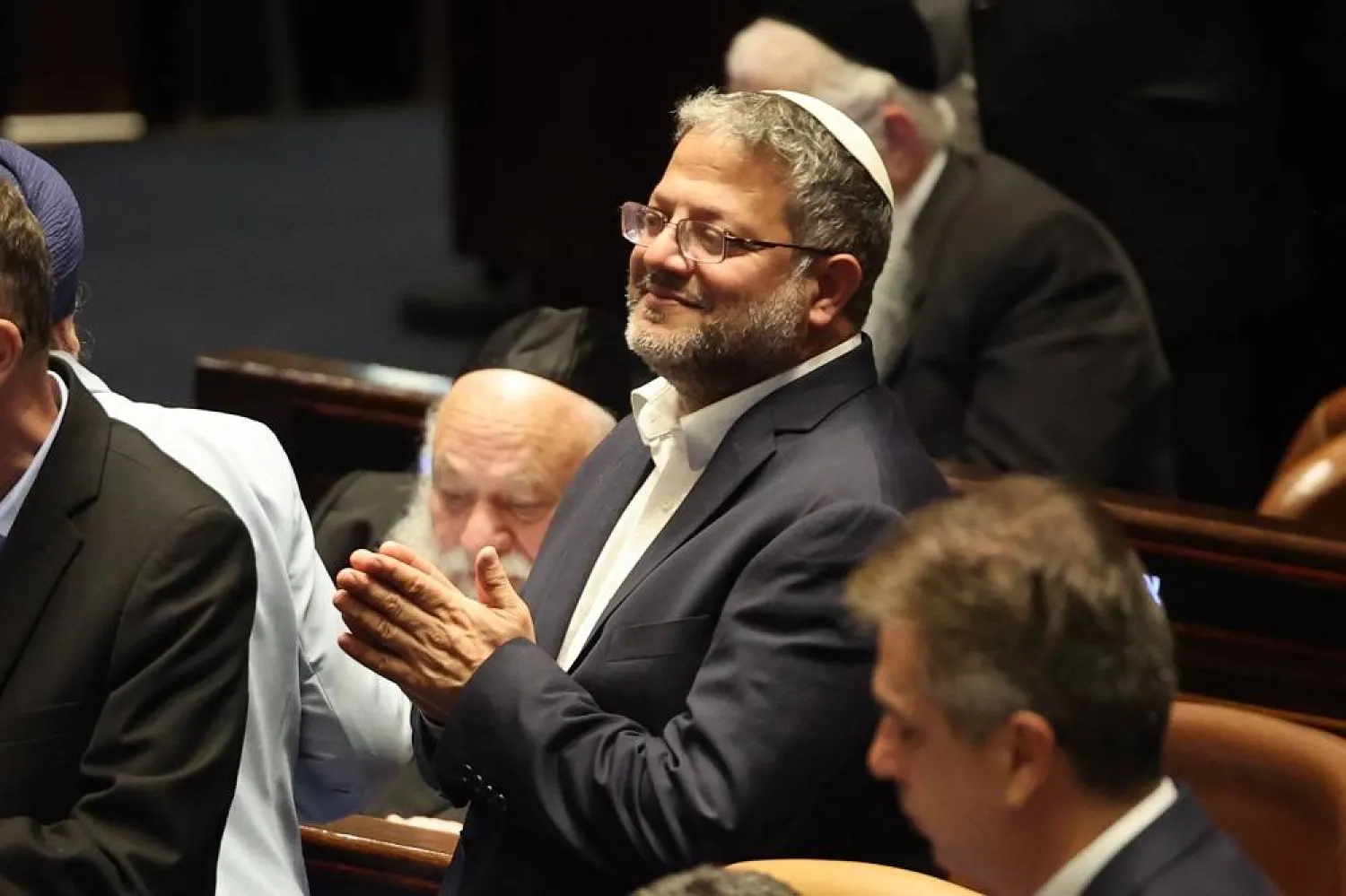 Israeli Minister of National Security Itamar Ben-Gvir (C) attends a plenary session to vote on a bill for applying Israeli sovereignty over the West Bank territory, at the Knesset, the Israeli parliament, in Jerusalem, 23 July 2025. (EPA)