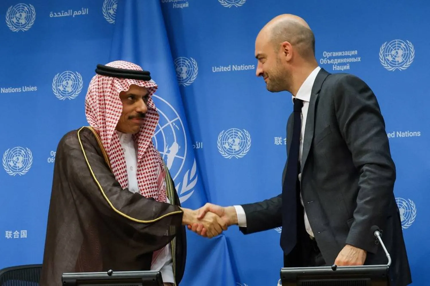 French Foreign Minister Jean-Noel Barrot and Saudi Foreign Minister Prince Faisal bin Farhan bin Abdullah, co-chairs of a United Nations high-level international conference hosted by France and Saudi Arabia to work towards a two-state solution between Israel and the Palestinians, shake hands after a press briefing at UN headquarters in New York City, US, July 28, 2025. (Reuters) 