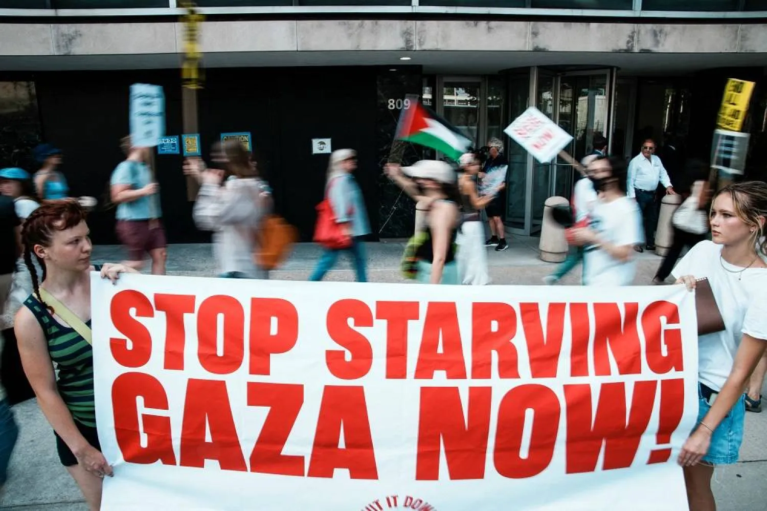 Demonstrators gather outside the UN Headquarters during a "Stop Starving Gaza" protest in New York City, US, July 29, 2025. (Reuters)