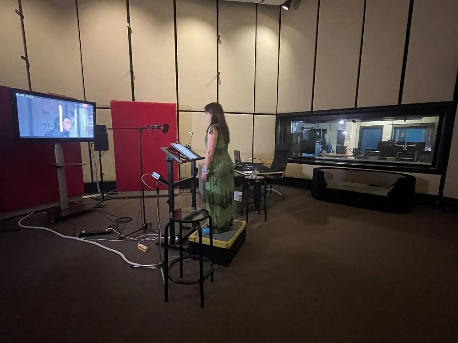 Synchronous speaker Bettina Zech stands in a dubbing studio in Munich, July 2, 2025. (Reuters) 