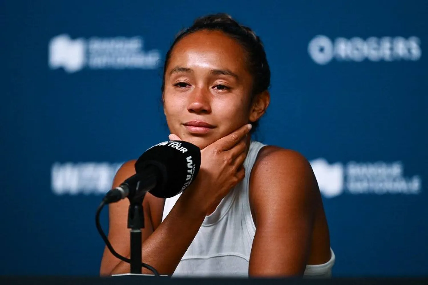 Leylah Fernandez of Canada addresses the media after being eliminated on Day Three of the WTA 1000 National Bank Open at IGA Stadium on July 29, 2025 in Montreal, Quebec, Canada. (Getty Images/AFP) 