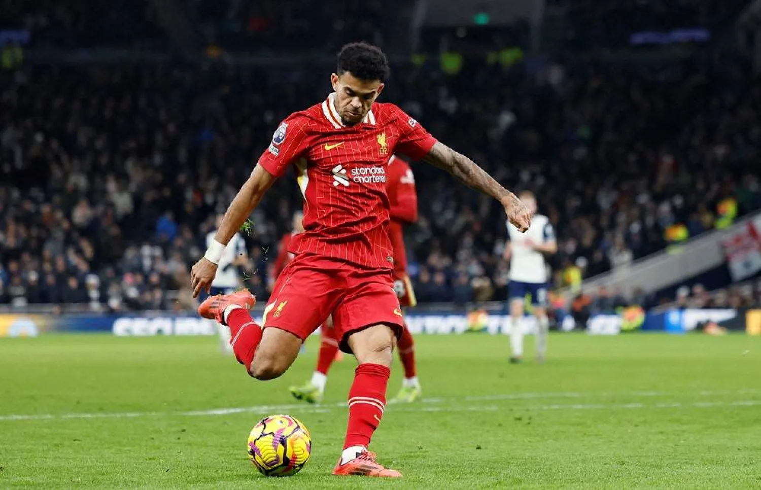 Football - Premier League - Tottenham Hotspur v Liverpool - Tottenham Hotspur Stadium, London, Britain - December 22, 2024 Liverpool's Luis Diaz scores their sixth goal. (Action Images via Reuters)