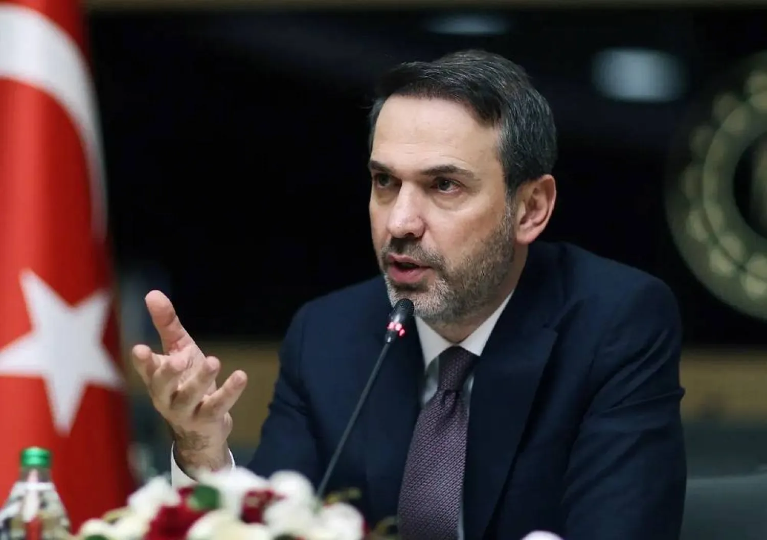 Türkiye’s Energy Minister Alparslan Bayraktar talks during a meeting in Ankara, Türkiye, September 14, 2023. (Reuters) 