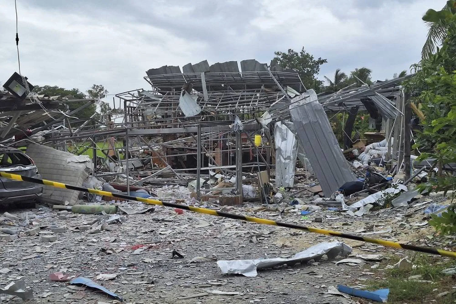 This photo released by Suphan Buri Provincial Public Relations Office, shows the damage by an explosion at a fireworks factory in Suphan Buri province, Thailand, Wednesday, July 30, 2025. (Suphan Buri Provincial Public Relations Office via AP)