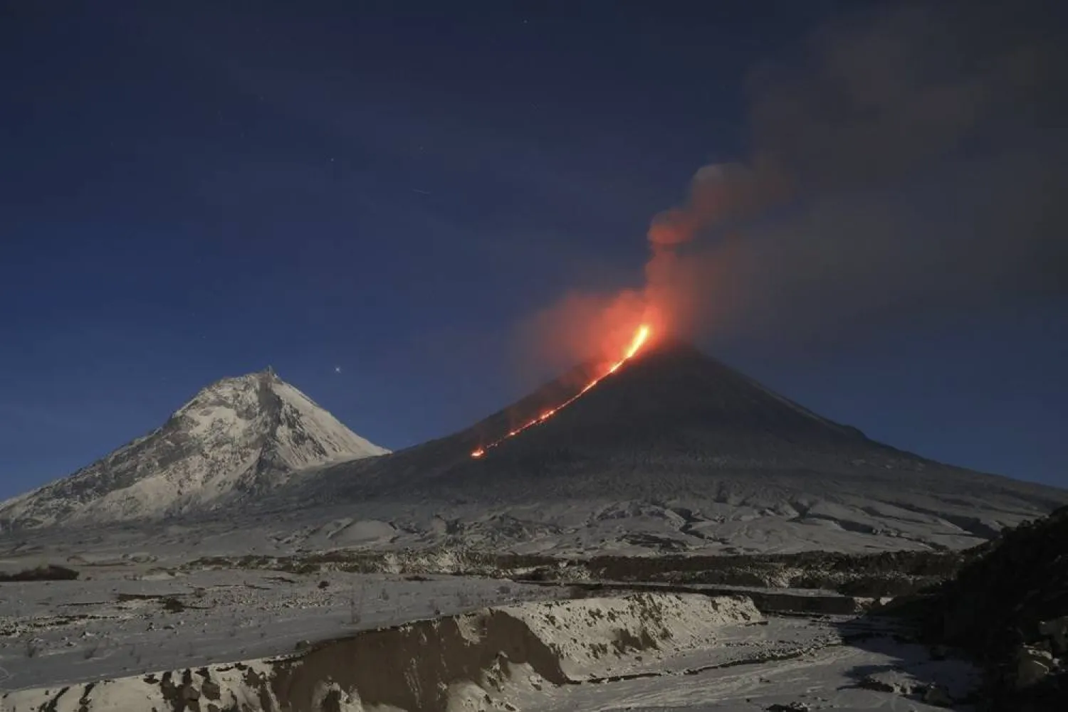The Klyuchevskoy volcano, one of the highest active volcanoes in the world, erupts in Russia's northern Kamchatka Peninsula, Russian Far Esat, Oct. 28, 2023. (AP) 