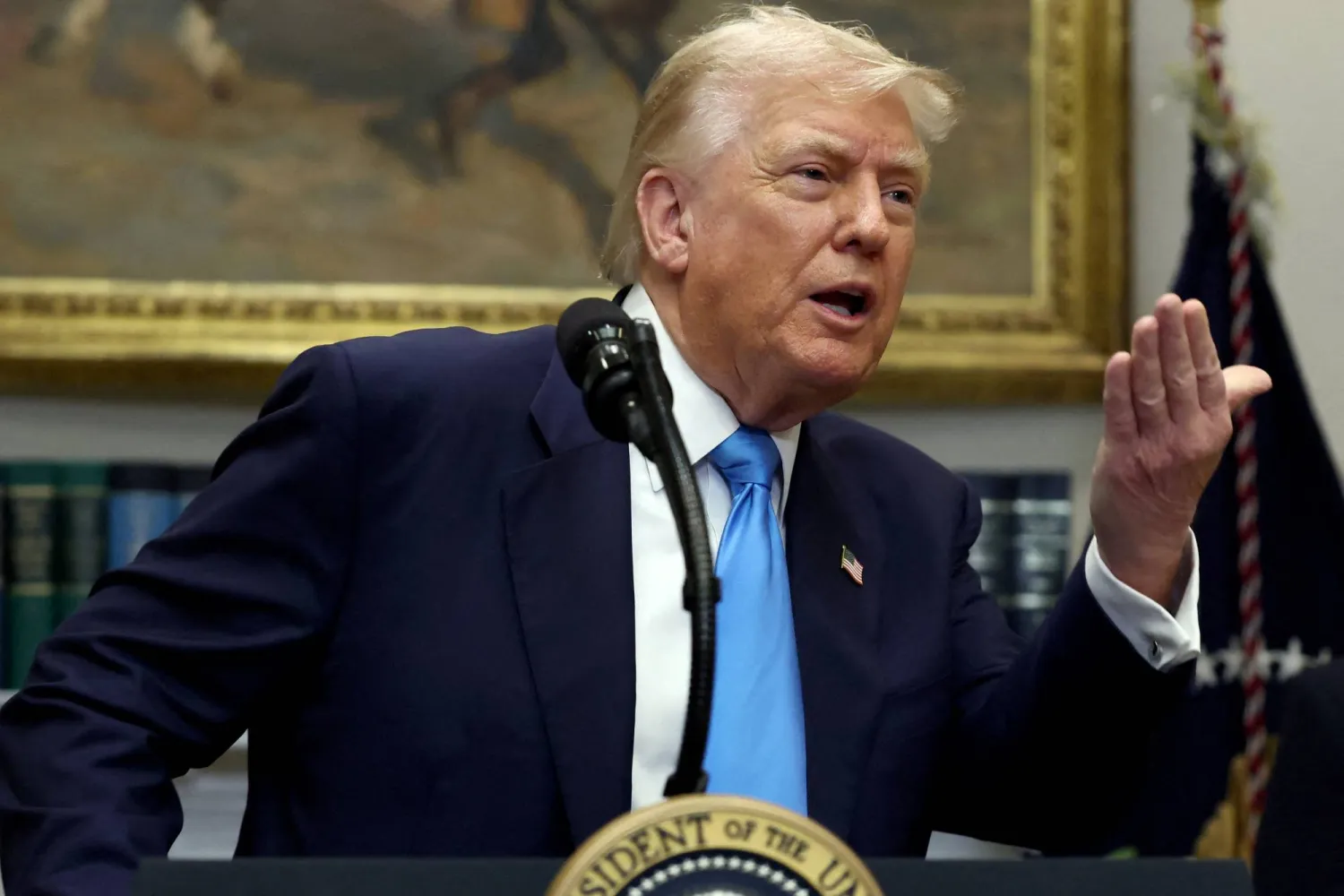 US President Donald Trump speaks after signing the VA Home Loan Program Reform Act at the White House in Washington, D.C., US, July 30, 2025. REUTERS/Evelyn Hockstein