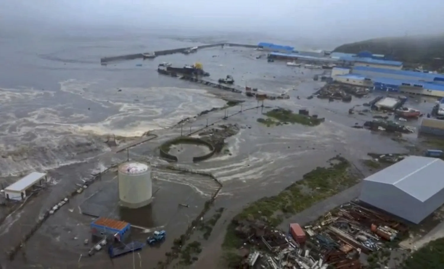 A still image taken from a handout video provided by the Geophysical Center of the Russian Academy of Sciences shows a flooded area in Severo-Kurilsk, Sakhalin Region, Russia, 30 July 2025. (EPA/Geophysical Survey of the Russian Academy of Sciences) 