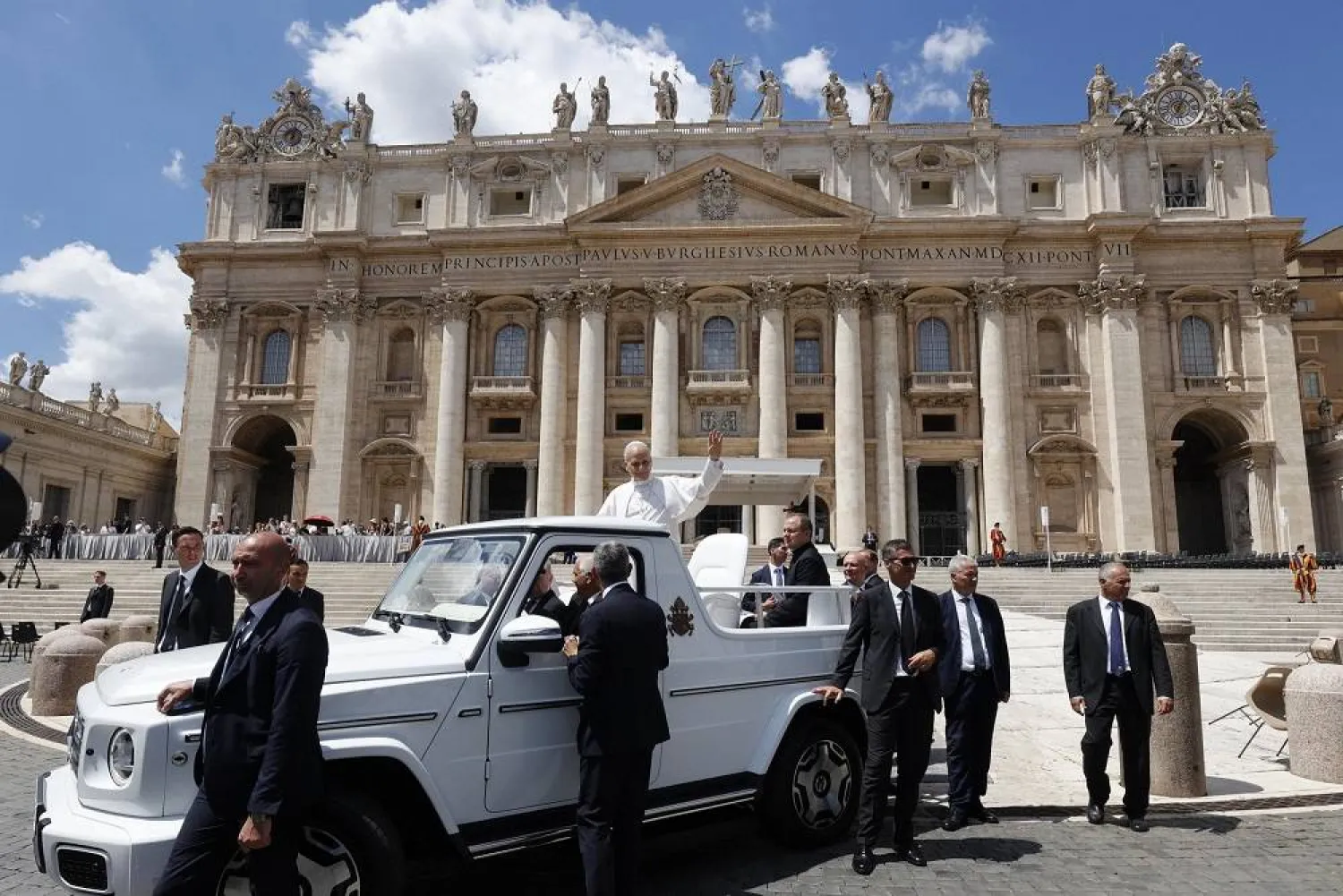 Pope Leo XIV (C) rides on the Papamobile as he greets the faithful during his weekly General Audience in St. Peter's Square, in Vatican City, 30 July 2025. (EPA)