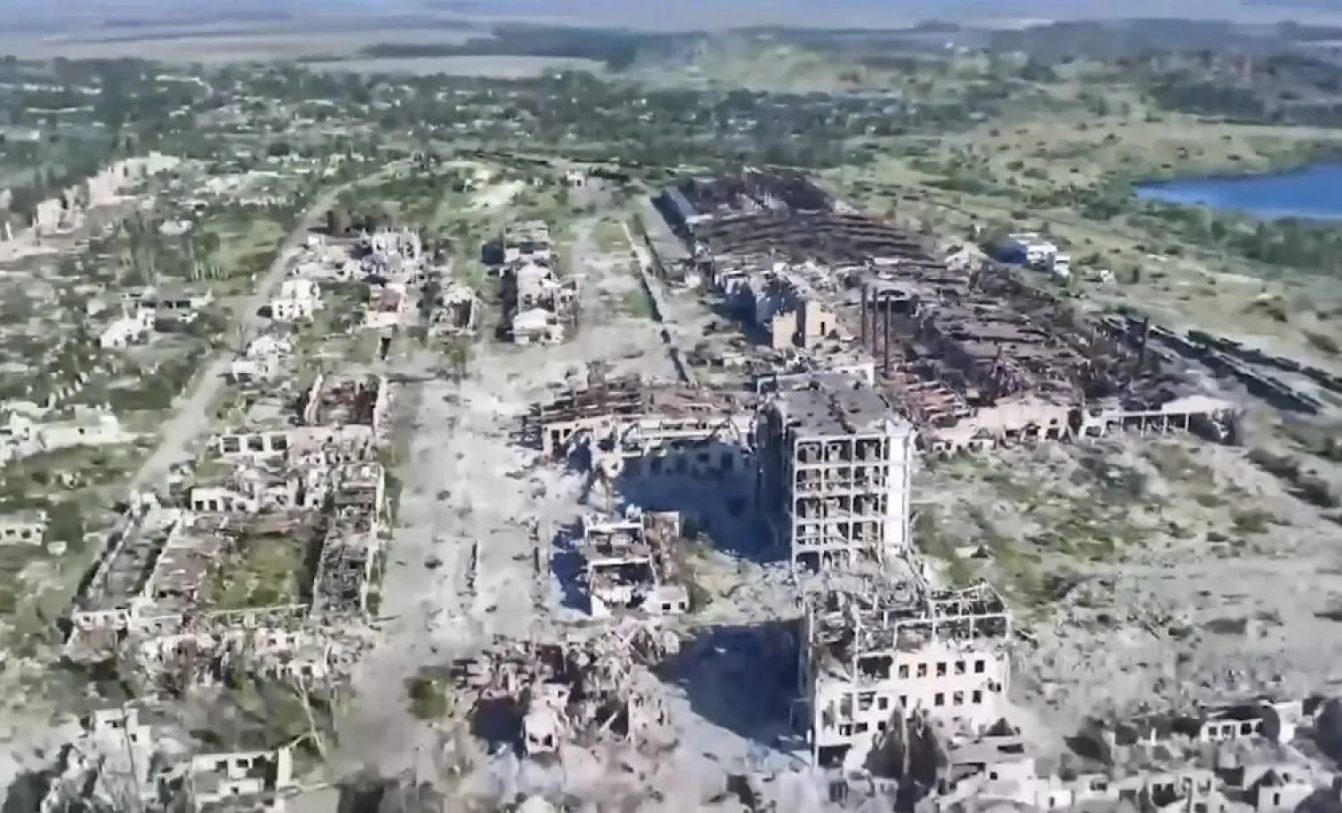 A still image taken from a handout video provided by the press service of the Russian Ministry of Defense shows an aerial view of ruined buildings in Chasiv Yar, Donetsk region, eastern Ukraine, 31 July 2025. (EPA/ Russian Defense Ministry Press Service/Handout) 