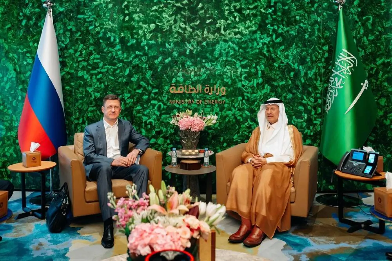 Saudi Energy Minister Prince Abdulaziz bin Salman and Russian Deputy Prime Minister Alexander Novak meet in Riyadh. (SPA)