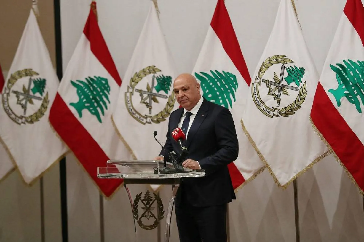 A handout picture provided by the Lebanese Presidency shows Lebanon's President Joseph Aoun delivering a speech to mark Army Day at the Ministry of Defense in Yarze on July 31, 2025. (Lebanese Presidency / AFP / Handout)  