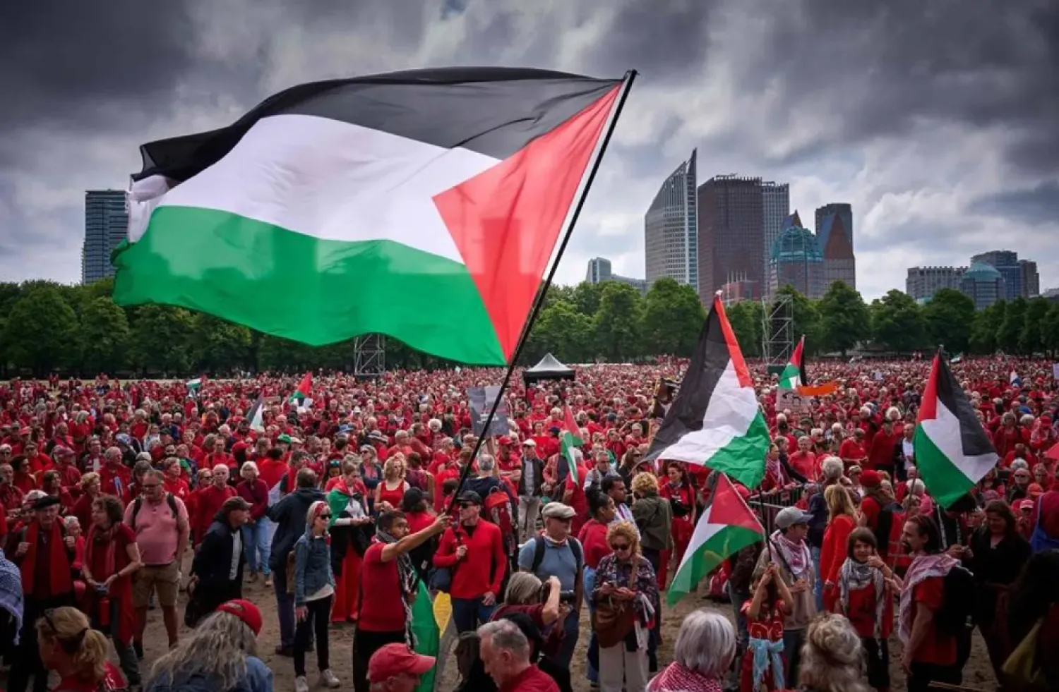 Thousands of people, some waving the Palestinian flag, gather against the Dutch government's Israel policy, as they protest on Malieveld, in The Hague on May 18, 2025. (AFP)
