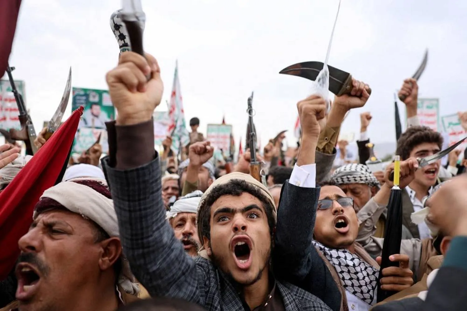 Protesters, predominantly Houthi supporters, demonstrate in solidarity with Palestinians, in Sanaa, Yemen August 1, 2025. (Reuters)